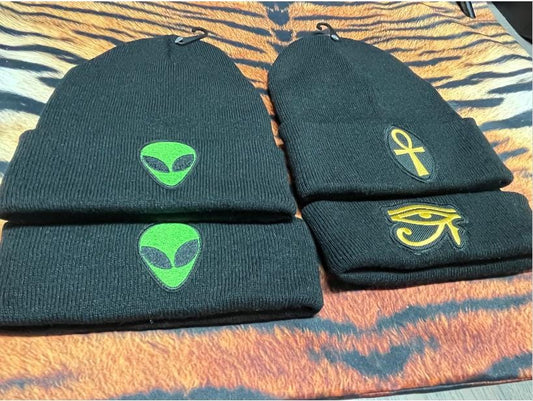 Alien Head/ Third Eye/ Ankh Black beanie (Adult)